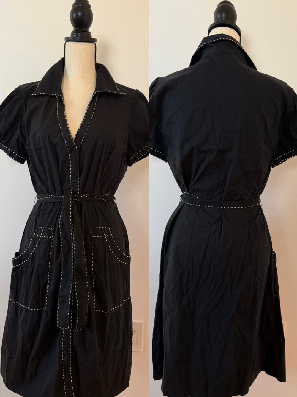 BCBGMaxAzria Black Midi Shirtwaist Dress with White Contrast Stitching